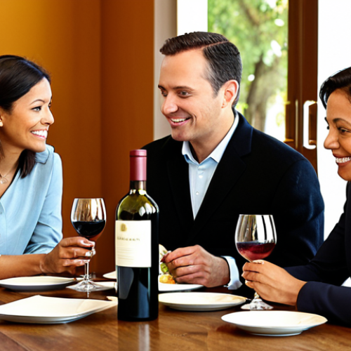 A diverse group of adults, fully clothed in professional and modest attire, engaged in a vibrant wine tasting session around a polished wooden table. They are holding wine glasses, observing the wine's color, and sharing their tasting notes with warm, engaging expressions. Bottles of wine and tasting sheets are neatly arranged on the table. The background is a sophisticated, well-lit tasting room with soft ambient lighting, emphasizing a heartwarming and interactive atmosphere. Perfect anatomy, correct proportions, natural pose, well-formed hands, proper finger count, natural body proportions. Safe for work, appropriate content, fully clothed, professional, family-friendly, high-quality photography, sharp focus, natural colors.