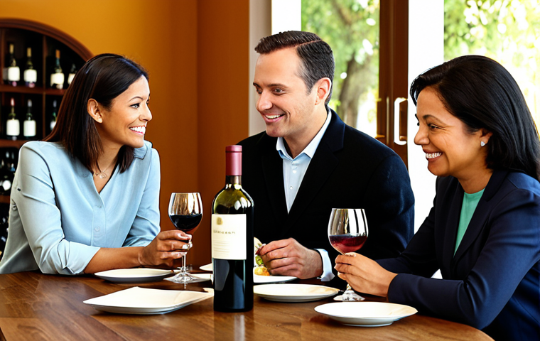 A diverse group of adults, fully clothed in professional and modest attire, engaged in a vibrant wine tasting session around a polished wooden table. They are holding wine glasses, observing the wine's color, and sharing their tasting notes with warm, engaging expressions. Bottles of wine and tasting sheets are neatly arranged on the table. The background is a sophisticated, well-lit tasting room with soft ambient lighting, emphasizing a heartwarming and interactive atmosphere. Perfect anatomy, correct proportions, natural pose, well-formed hands, proper finger count, natural body proportions. Safe for work, appropriate content, fully clothed, professional, family-friendly, high-quality photography, sharp focus, natural colors.