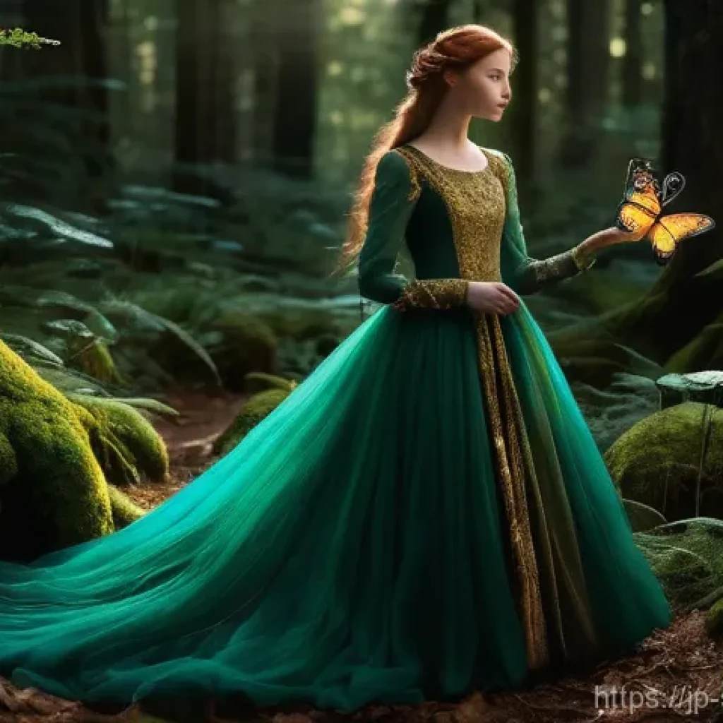 소믈리에 취업 포트폴리오 작성법 - A young woman, aged 20, stands gracefully in an enchanted forest. She wears a flowing, modest fantas...