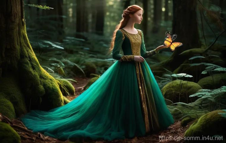 소믈리에 취업 포트폴리오 작성법 - A young woman, aged 20, stands gracefully in an enchanted forest. She wears a flowing, modest fantas...