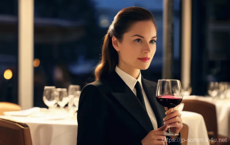 소믈리에와 와인 소매업 차이 - **Prompt:** A discerning female sommelier, in her late 20s to early 30s, with a keen, focused expres...