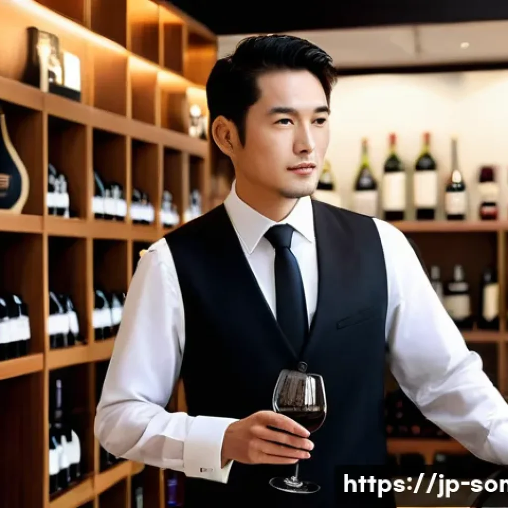소믈리에 이직 준비 체크리스트 - A professional sommelier in a modern Japanese restaurant setting, dressed neatly in a crisp white sh...