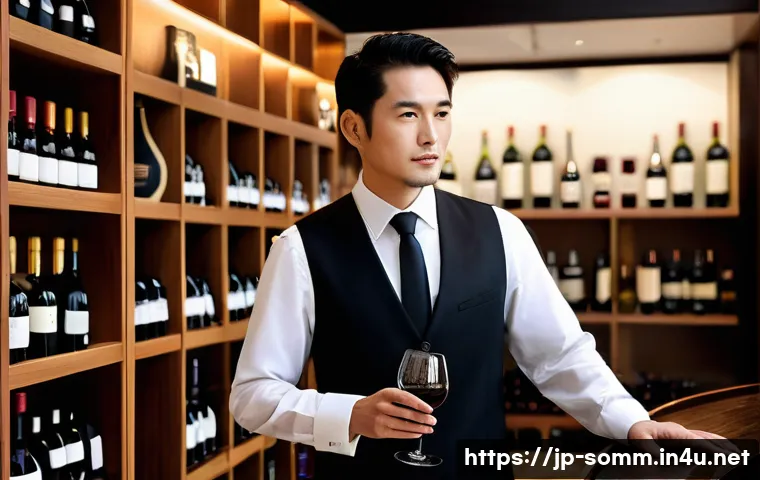 소믈리에 이직 준비 체크리스트 - A professional sommelier in a modern Japanese restaurant setting, dressed neatly in a crisp white sh...