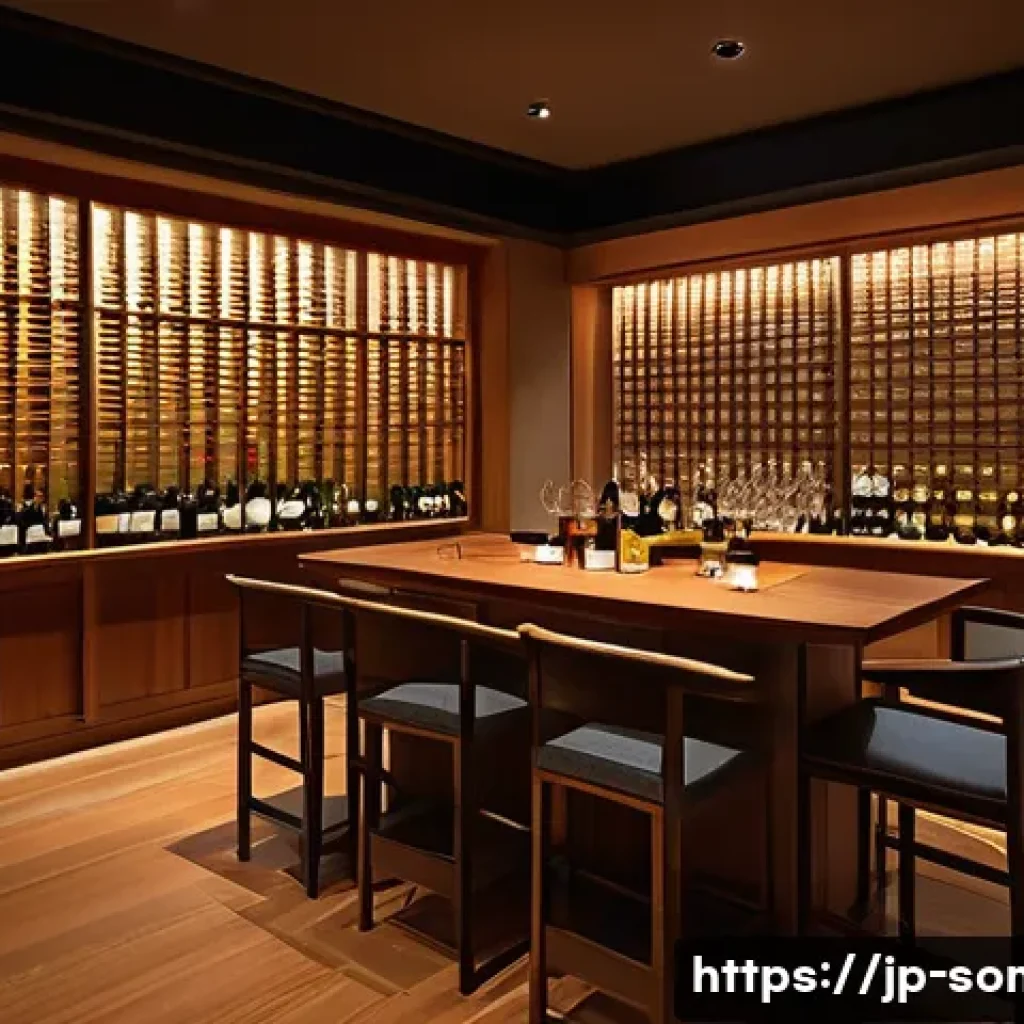소믈리에가 추천하는 와인 바 - A cozy and elegant wine bar interior in Japan during evening hours, featuring soft indirect lighting...