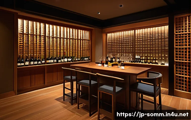 소믈리에가 추천하는 와인 바 - A cozy and elegant wine bar interior in Japan during evening hours, featuring soft indirect lighting...