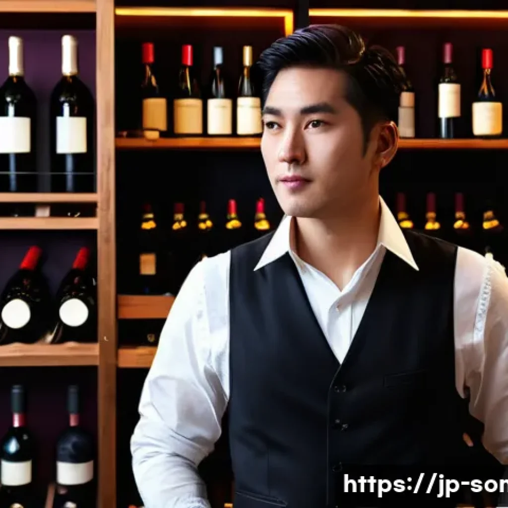 소믈리에 필수 이론 정리 - A sophisticated wine tasting scene inside a modern Japanese restaurant, featuring a sommelier elegan...