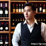 소믈리에 필수 이론 정리 - A sophisticated wine tasting scene inside a modern Japanese restaurant, featuring a sommelier elegan...