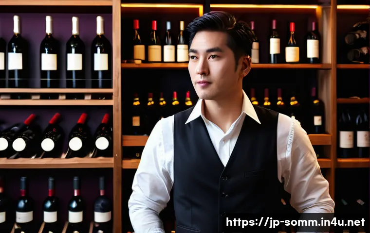 소믈리에 필수 이론 정리 - A sophisticated wine tasting scene inside a modern Japanese restaurant, featuring a sommelier elegan...