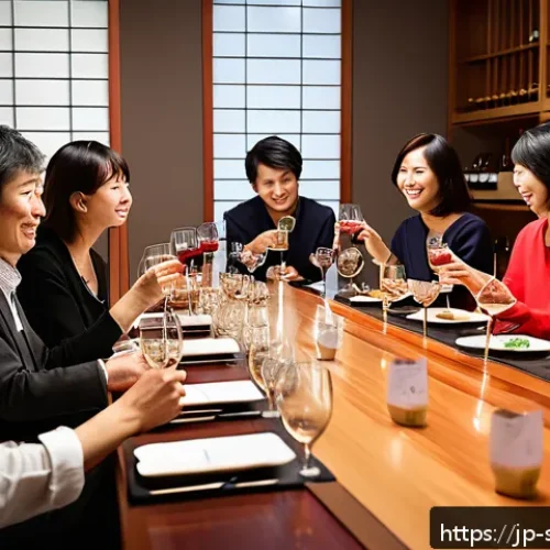 와인 테이스팅 주제별 토론 사례 - A sophisticated wine tasting event scene set in a modern, warmly lit room with a diverse group of Ja...