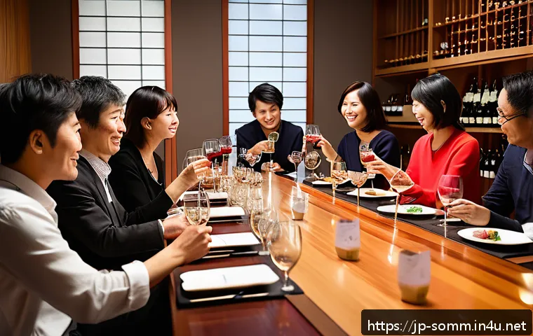 와인 테이스팅 주제별 토론 사례 - A sophisticated wine tasting event scene set in a modern, warmly lit room with a diverse group of Ja...