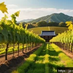 와인 시장 트렌드와 전망 - A serene organic vineyard scene in Japan during early autumn, featuring lush green grapevines cultiv...