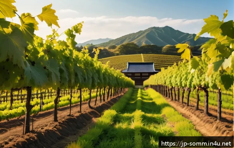 와인 시장 트렌드와 전망 - A serene organic vineyard scene in Japan during early autumn, featuring lush green grapevines cultiv...
