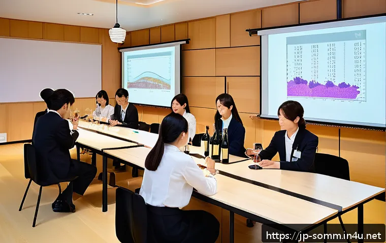 와인 바에서 소믈리에로 일하는 방법 - A modern Japanese wine sommelier school classroom scene with diverse adult students attentively lear...