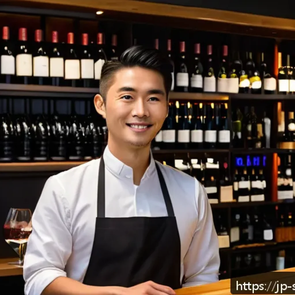 소믈리에의 이직 성공 전략 - A modern Japanese sommelier in a stylish wine bar setting, wearing a smart uniform with an apron, ho...