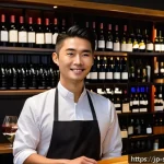 소믈리에의 이직 성공 전략 - A modern Japanese sommelier in a stylish wine bar setting, wearing a smart uniform with an apron, ho...