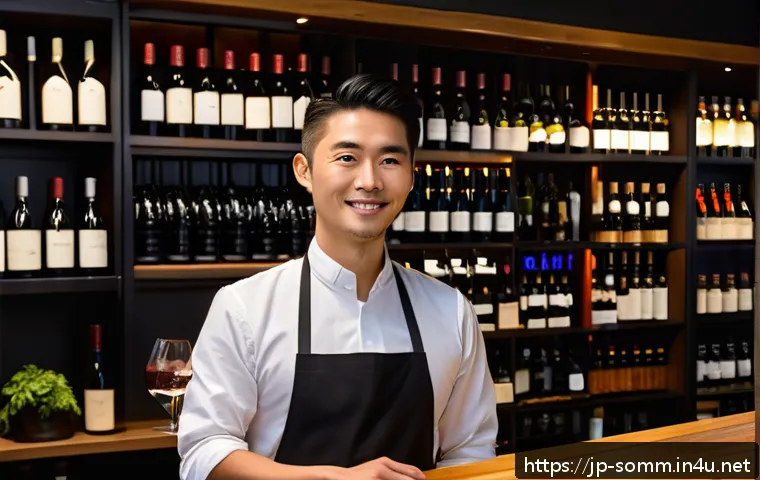 소믈리에의 이직 성공 전략 - A modern Japanese sommelier in a stylish wine bar setting, wearing a smart uniform with an apron, ho...
