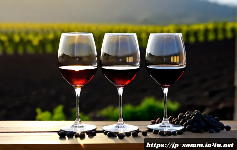 와인 산지별 특성과 맛의 차이 - Photorealistic comparative wine tasting scene, four elegant unlabelled wine glasses arranged in a cl...