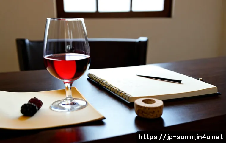 와인 테이스팅 노트 작성법 - Photorealistic close-up of a wine tasting setup on a refined Japanese dining table, an adult’s hand ...