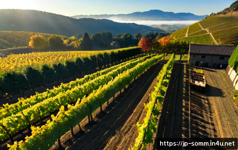 와인 산지별 생산량과 특징 - Photorealistic aerial view of a sunlit wine-growing valley in early autumn, neatly patterned vineyar...
