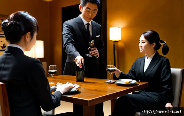 와인 서비스 실전 기술 - Photorealistic upscale Japanese restaurant, skilled sommelier in elegant black attire demonstrating ...
