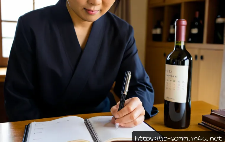 소믈리에 자격증 시험 스케줄 - Photorealistic Japanese wine certification study scene, mature adult learner seated at a tidy wooden...