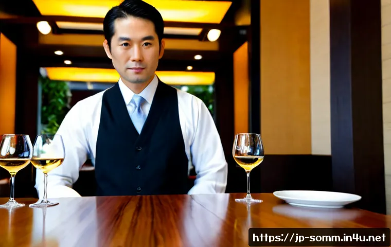 소믈리에의 와인 추천 노하우 - Photorealistic Japanese sommelier in a refined modern restaurant, thoughtfully comparing two unlabel...