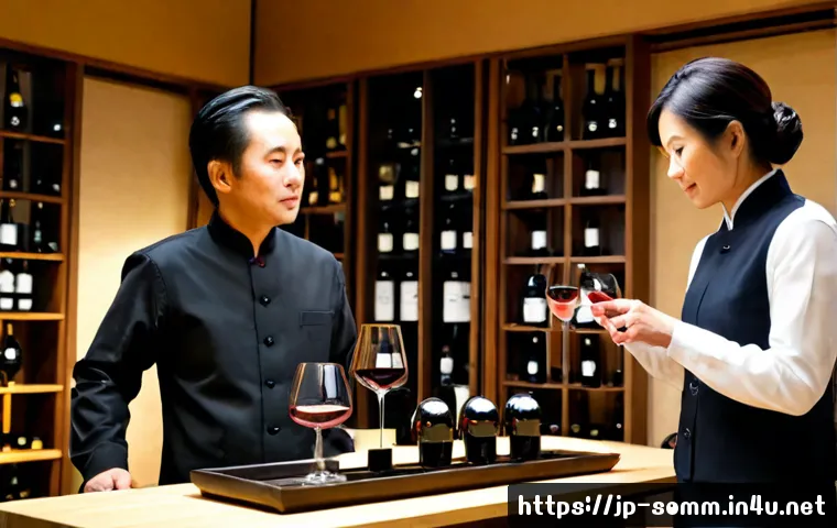 소믈리에가 알아야 할 와인 빈티지 - Photorealistic professional sommelier comparing wine vintages at an elegant tasting table, three unl...